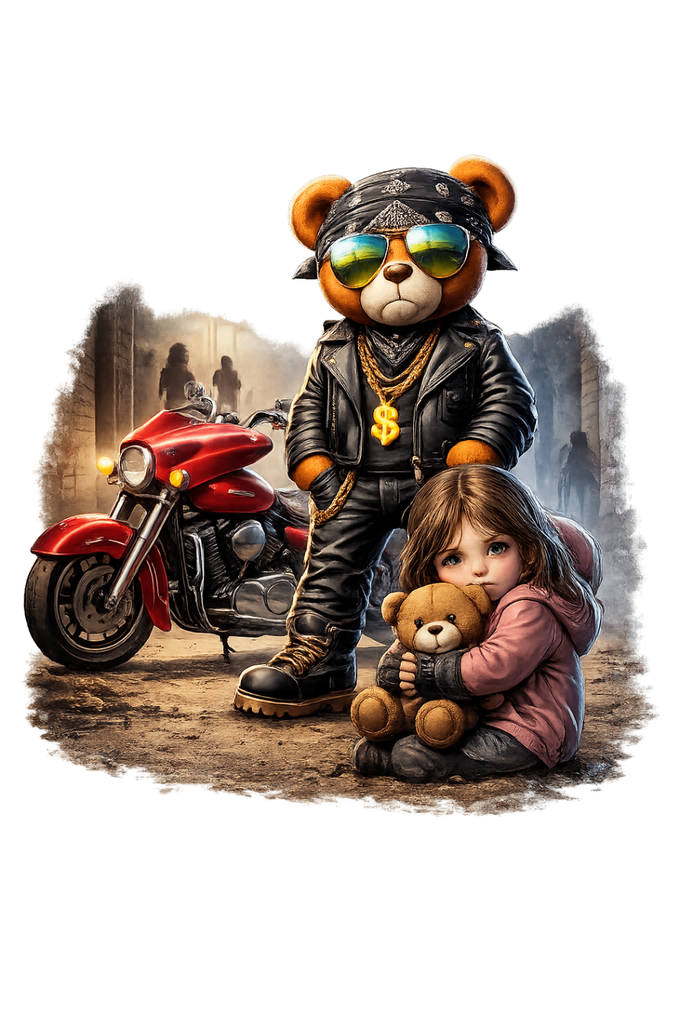 Biker bear standing protectively beside a child — representing the community's commitment to protecting victims